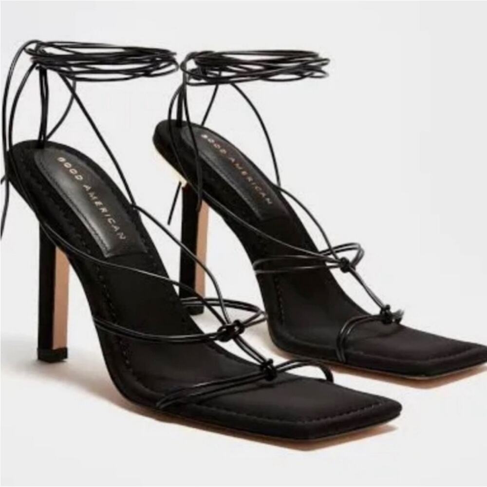 Good American Black Strappy Lace-Up Stiletto Heels